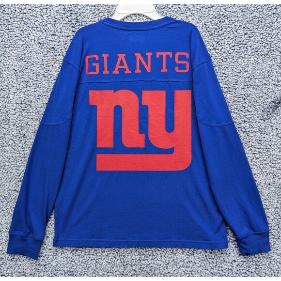 NFL NY Giants Shirt Womens M Long Sleeve Spellout Logo Football Fan Casual Blue - Picture 1 of 13